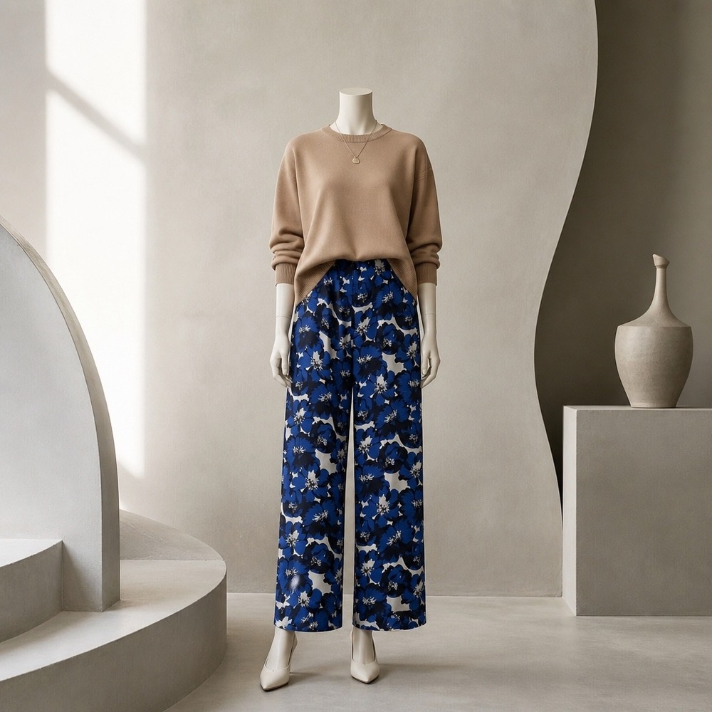 The Kooples Blue Floral 100% Silk Wide Leg Pants FPAN26084K EU 3 US L NEW